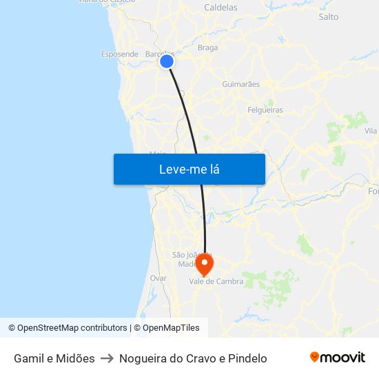 Gamil e Midões to Nogueira do Cravo e Pindelo map