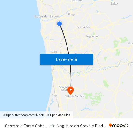 Carreira e Fonte Coberta to Nogueira do Cravo e Pindelo map