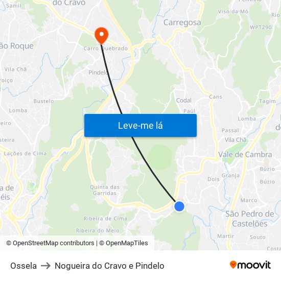 Ossela to Nogueira do Cravo e Pindelo map