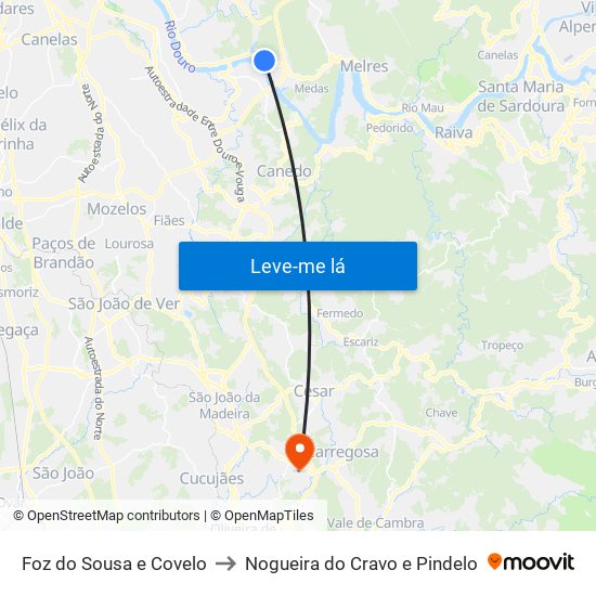 Foz do Sousa e Covelo to Nogueira do Cravo e Pindelo map