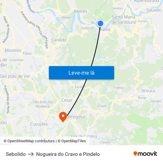 Sebolido to Nogueira do Cravo e Pindelo map