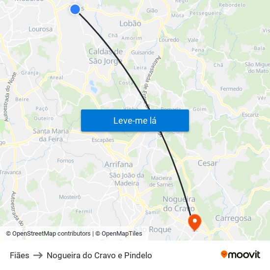 Fiães to Nogueira do Cravo e Pindelo map