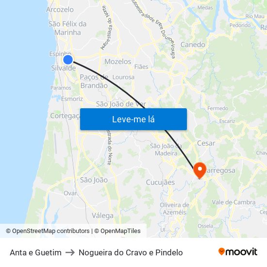 Anta e Guetim to Nogueira do Cravo e Pindelo map