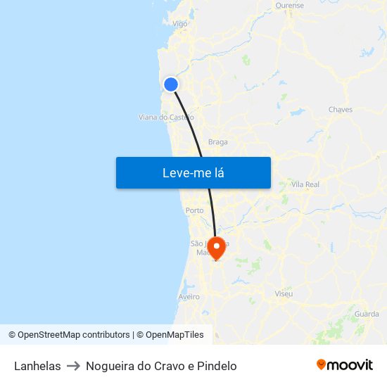 Lanhelas to Nogueira do Cravo e Pindelo map