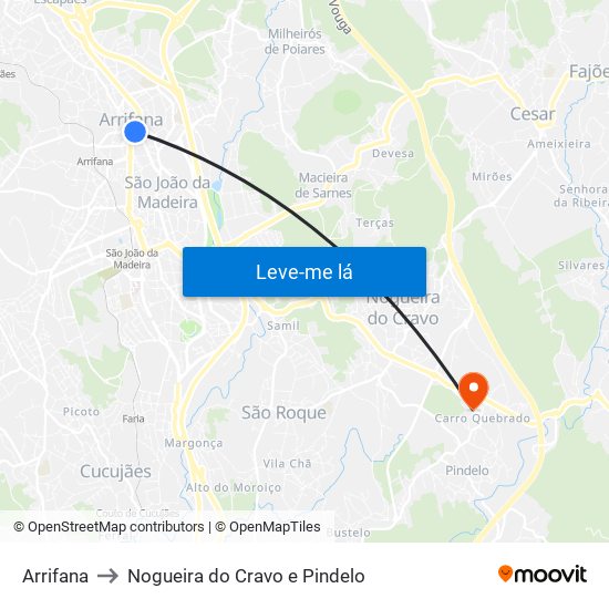 Arrifana to Nogueira do Cravo e Pindelo map