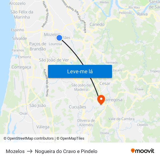 Mozelos to Nogueira do Cravo e Pindelo map