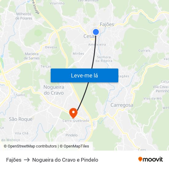 Fajões to Nogueira do Cravo e Pindelo map