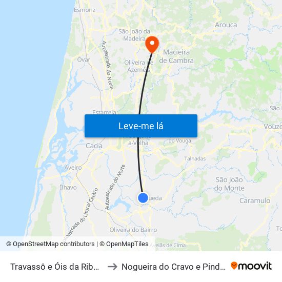 Travassô e Óis da Ribeira to Nogueira do Cravo e Pindelo map