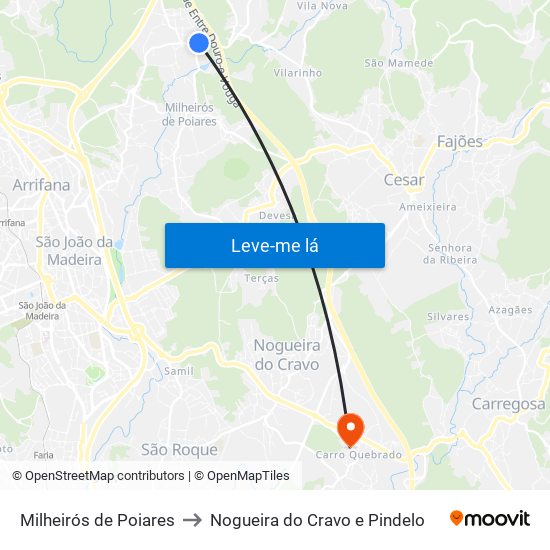 Milheirós de Poiares to Nogueira do Cravo e Pindelo map