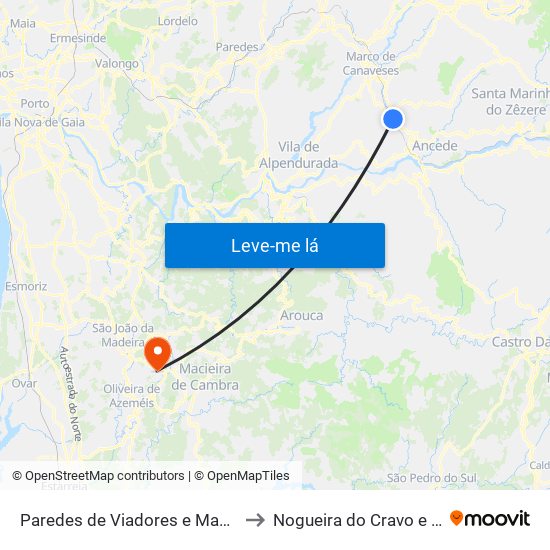 Paredes de Viadores e Manhuncelos to Nogueira do Cravo e Pindelo map