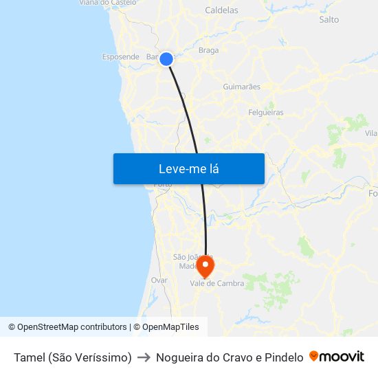 Tamel (São Veríssimo) to Nogueira do Cravo e Pindelo map