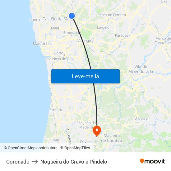 Coronado to Nogueira do Cravo e Pindelo map