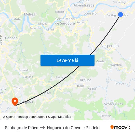 Santiago de Piães to Nogueira do Cravo e Pindelo map