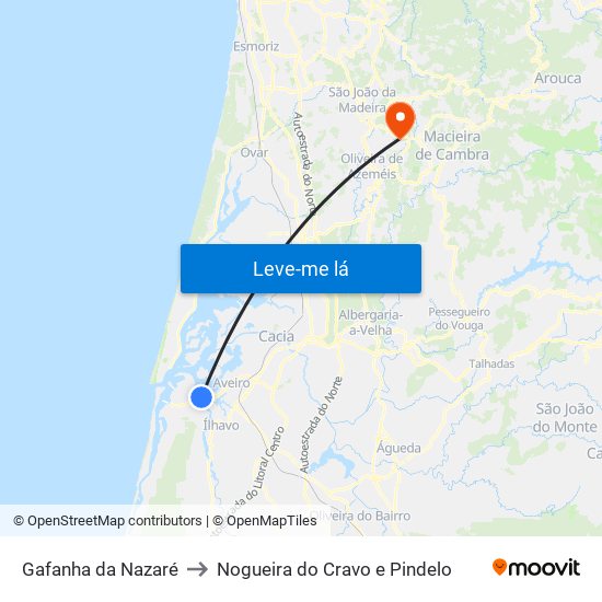 Gafanha da Nazaré to Nogueira do Cravo e Pindelo map