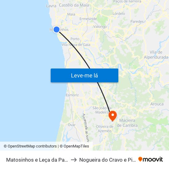 Matosinhos e Leça da Palmeira to Nogueira do Cravo e Pindelo map