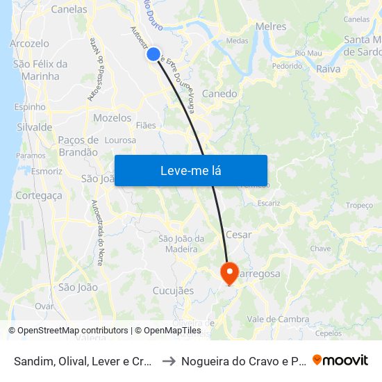 Sandim, Olival, Lever e Crestuma to Nogueira do Cravo e Pindelo map