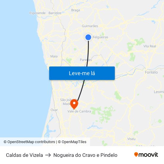 Caldas de Vizela to Nogueira do Cravo e Pindelo map