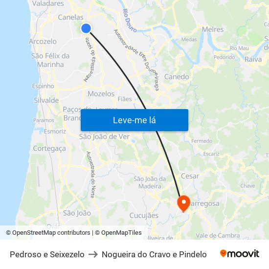 Pedroso e Seixezelo to Nogueira do Cravo e Pindelo map