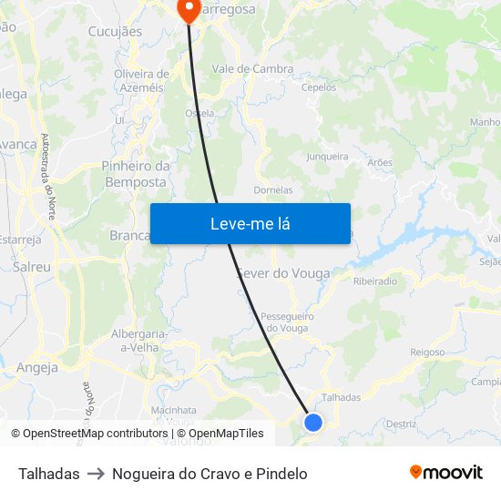 Talhadas to Nogueira do Cravo e Pindelo map