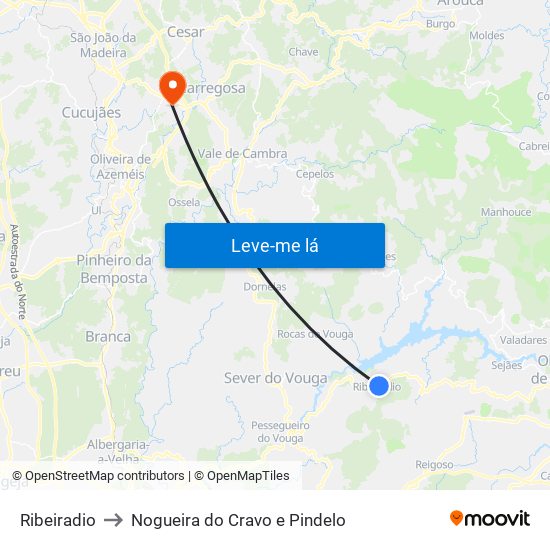 Ribeiradio to Nogueira do Cravo e Pindelo map