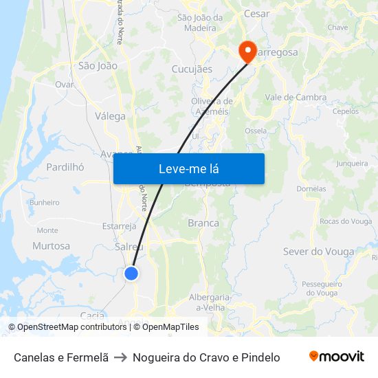 Canelas e Fermelã to Nogueira do Cravo e Pindelo map