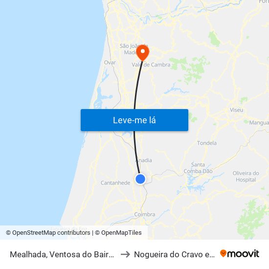 Mealhada, Ventosa do Bairro e Antes to Nogueira do Cravo e Pindelo map