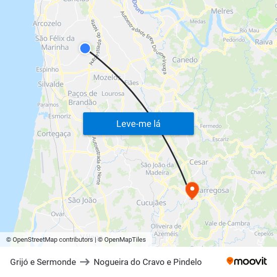 Grijó e Sermonde to Nogueira do Cravo e Pindelo map