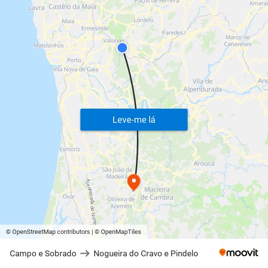 Campo e Sobrado to Nogueira do Cravo e Pindelo map