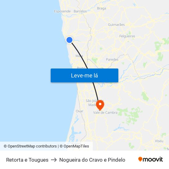 Retorta e Tougues to Nogueira do Cravo e Pindelo map