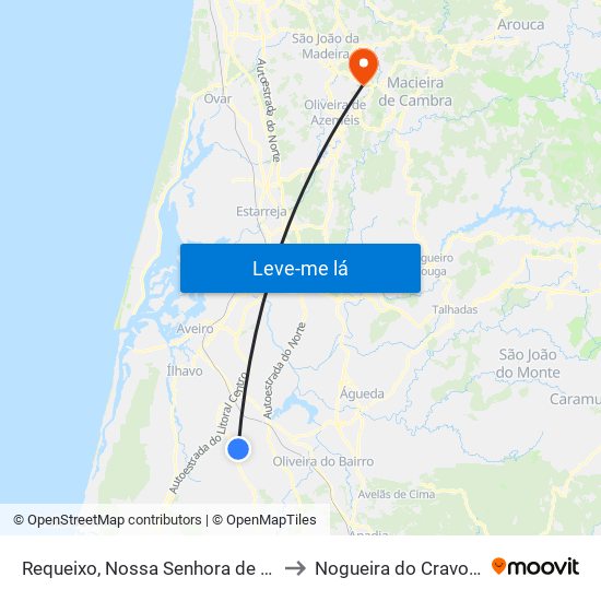Requeixo, Nossa Senhora de Fátima e Nariz to Nogueira do Cravo e Pindelo map