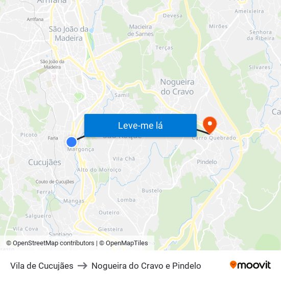 Vila de Cucujães to Nogueira do Cravo e Pindelo map