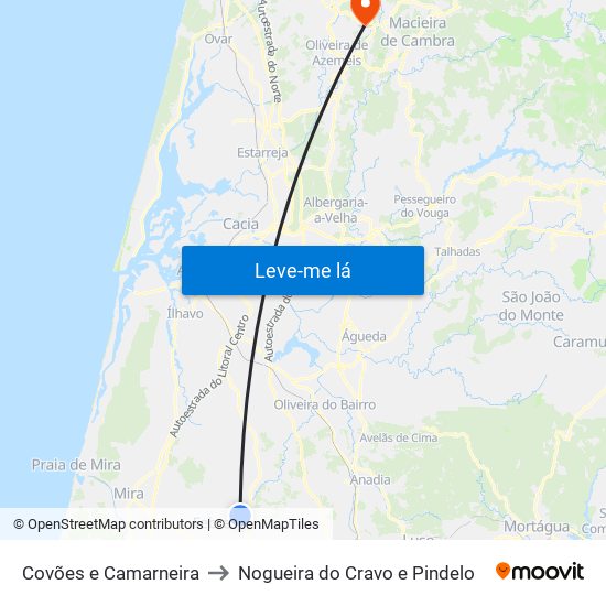 Covões e Camarneira to Nogueira do Cravo e Pindelo map