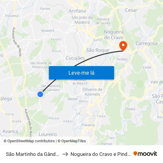 São Martinho da Gândara to Nogueira do Cravo e Pindelo map