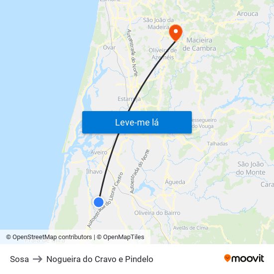 Sosa to Nogueira do Cravo e Pindelo map