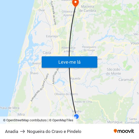 Anadia to Nogueira do Cravo e Pindelo map