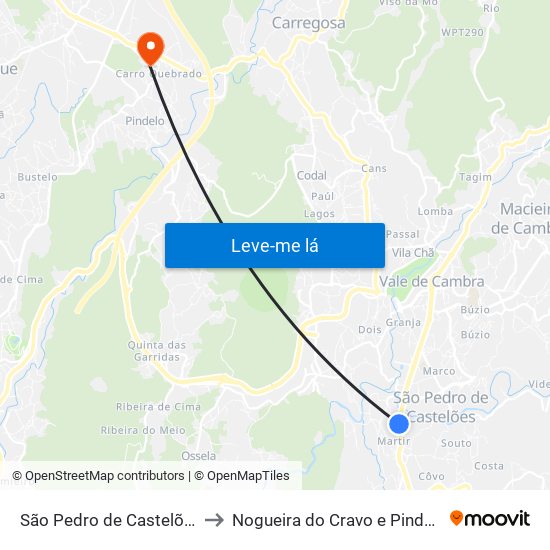 São Pedro de Castelões to Nogueira do Cravo e Pindelo map