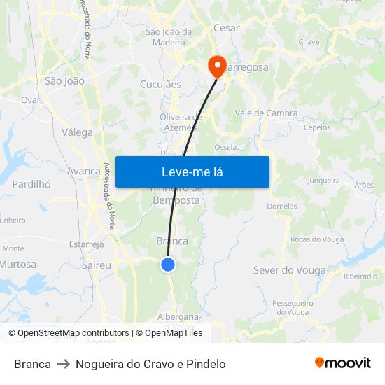 Branca to Nogueira do Cravo e Pindelo map