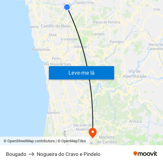 Bougado to Nogueira do Cravo e Pindelo map