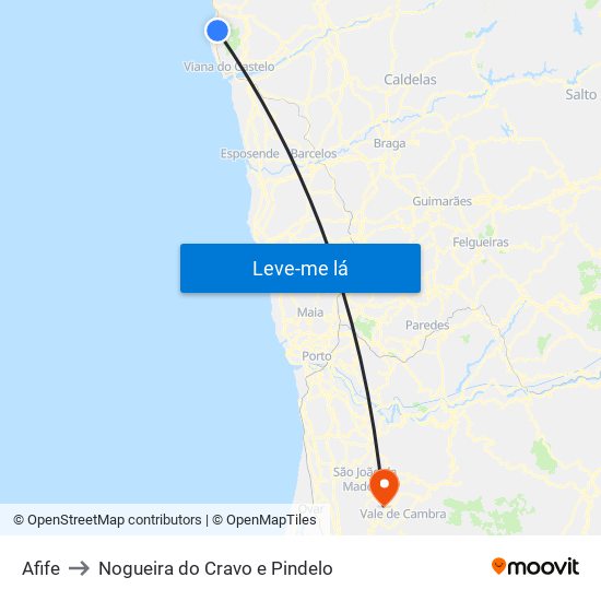 Afife to Nogueira do Cravo e Pindelo map