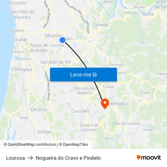 Lourosa to Nogueira do Cravo e Pindelo map