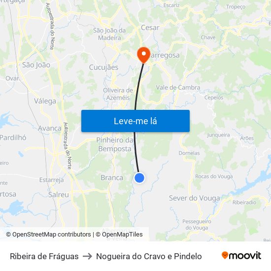 Ribeira de Fráguas to Nogueira do Cravo e Pindelo map