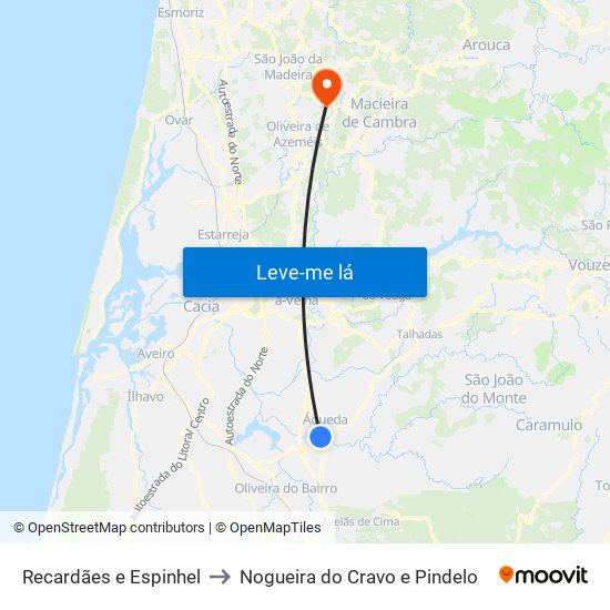 Recardães e Espinhel to Nogueira do Cravo e Pindelo map