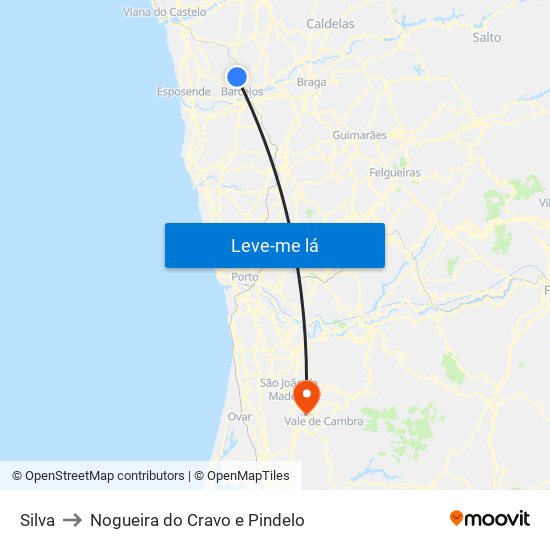 Silva to Nogueira do Cravo e Pindelo map