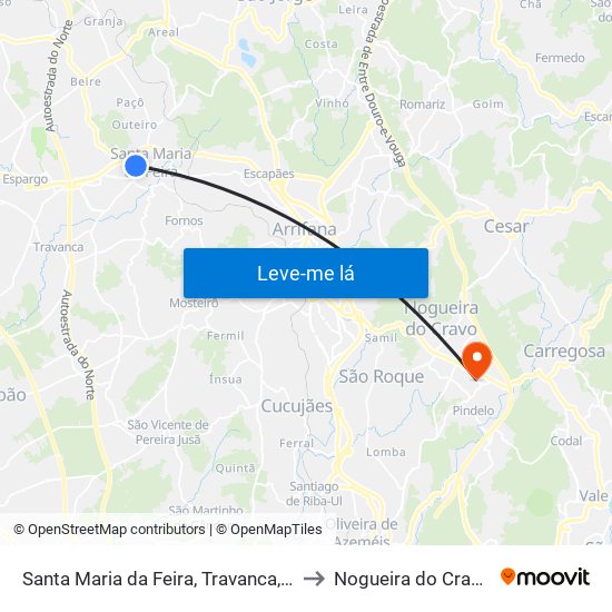 Santa Maria da Feira, Travanca, Sanfins e Espargo to Nogueira do Cravo e Pindelo map