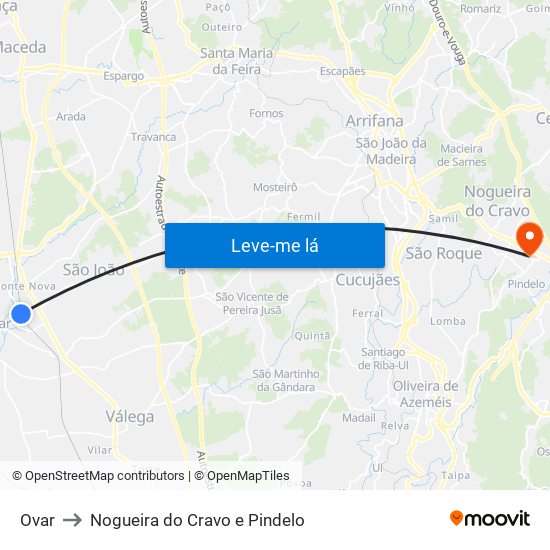 Ovar to Nogueira do Cravo e Pindelo map