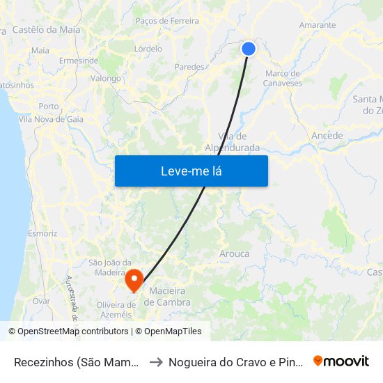 Recezinhos (São Mamede) to Nogueira do Cravo e Pindelo map