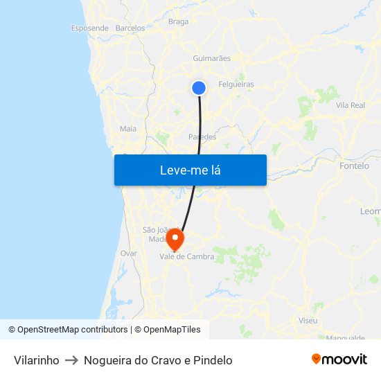 Vilarinho to Nogueira do Cravo e Pindelo map