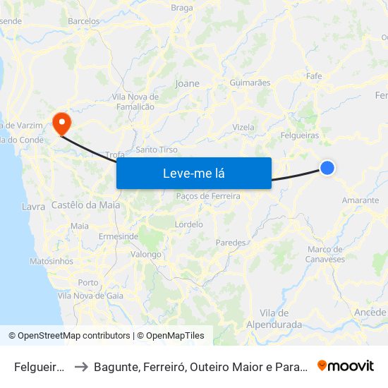 Felgueiras to Bagunte, Ferreiró, Outeiro Maior e Parada map