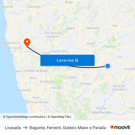 Lousada to Bagunte, Ferreiró, Outeiro Maior e Parada map