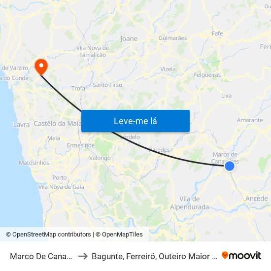 Marco De Canaveses to Bagunte, Ferreiró, Outeiro Maior e Parada map